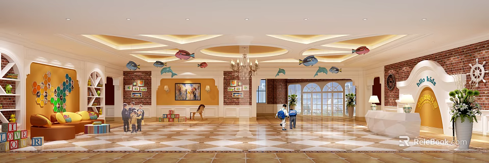 Kindergarten Lobby With Colorful Fish Decorations Chandelier Wall Paintings Children Playing And Bright Windows 3d model 