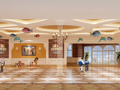 Kindergarten Lobby With Colorful Fish Decorations Chandelier Wall Paintings Children Playing And Bright Windows 3d model