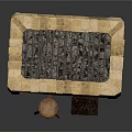 Stone Built Square Outdoor Fire Pit With Grill Grate And Wooden Dark Colored Side Stools
