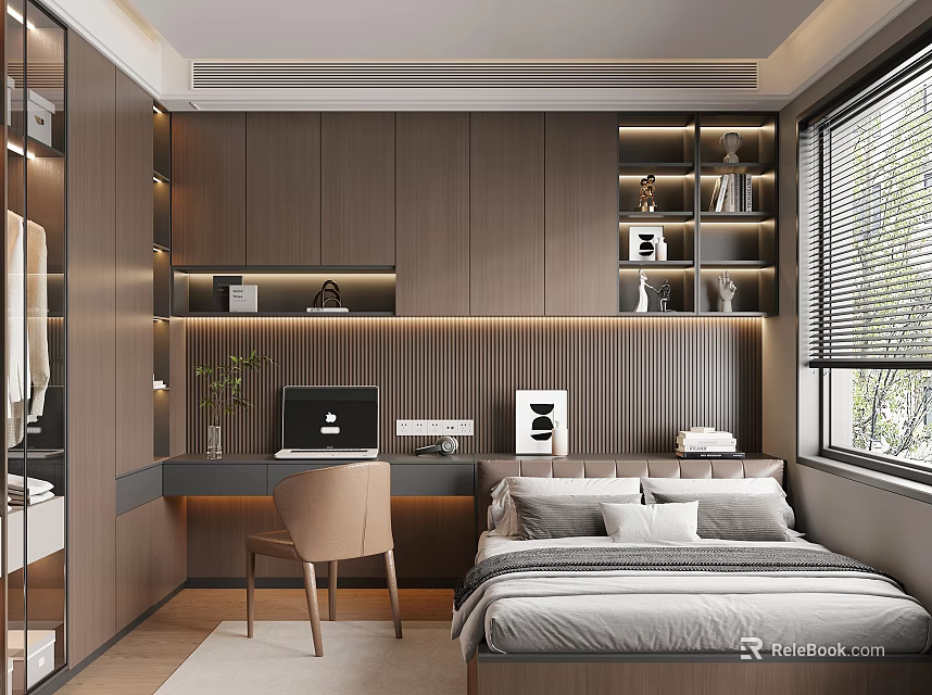 Modern Tatami Bedroom Interior with Platform Bed Desk and Bookshelf Window 3d model 