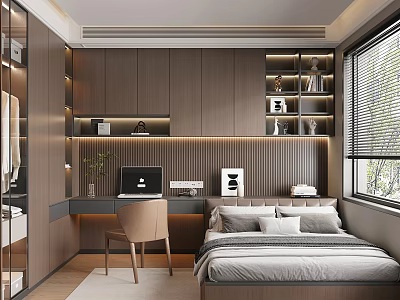 Modern Tatami Bedroom Interior with Platform Bed Desk and Bookshelf Window 3d model