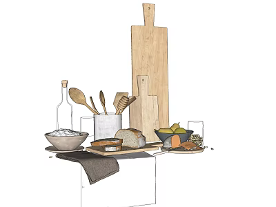 Wooden Cutting Boards Spoons Brushes And Bread On Kitchen Counter With Olive Oil Bottle 3d model