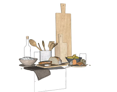 Wooden Cutting Boards Spoons Brushes And Bread On Kitchen Counter With Olive Oil Bottle 3d model