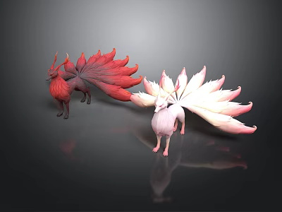 Elegant Feather Tail Decorative Figurines in Red and Pink for Home Decoration 3d model