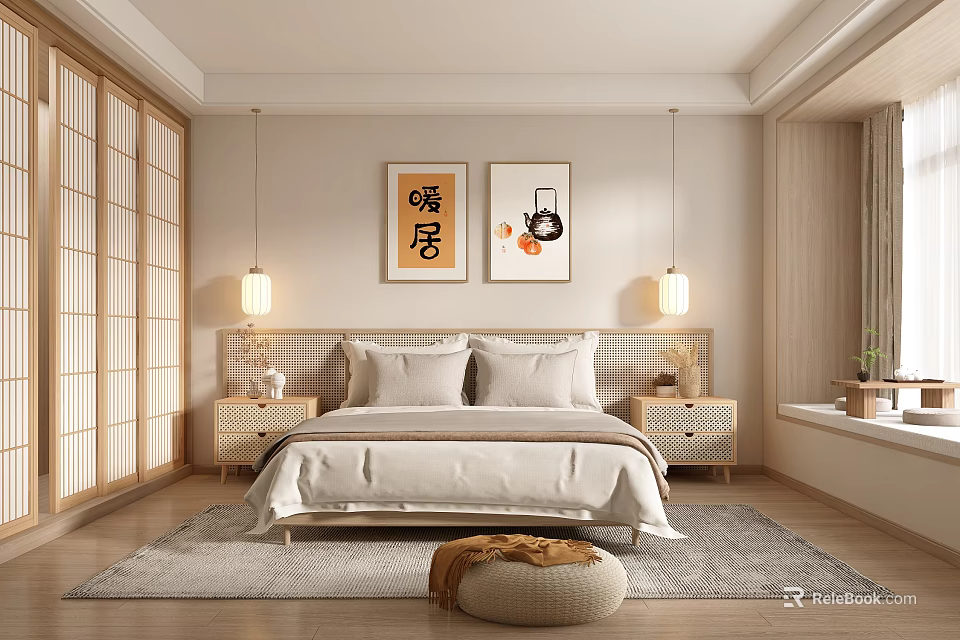 Serene Minimalist Bedroom With Wooden Bed Nightstands Wall Art Pendant Lights And Rug 3d model 
