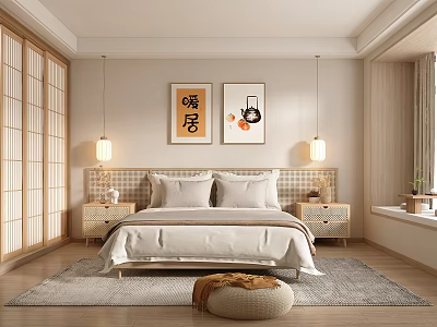 Serene Minimalist Bedroom With Wooden Bed Nightstands Wall Art Pendant Lights And Rug 3d model