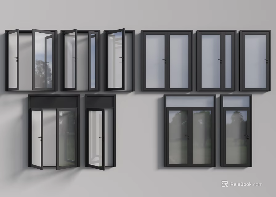 Modern Black Frame Casement Windows With Glass Panels In Open Closed Interior Design Styles 3d model 