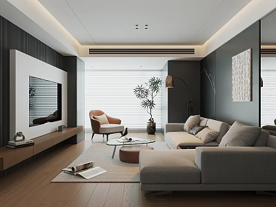 Modern Living Room Interior With Gray Sofa TV Wall Accent Chair And Potted Plant 3d model