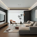 Modern Living Room Interior With Gray Sofa TV Wall Accent Chair And Potted Plant