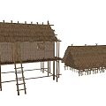 Traditional Stilted Wooden House with Rustic Thatched Roof and Wooden Frames