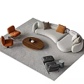 Modern Curved Sofa And Round Coffee Table Set With Orange Gray Accent Chairs 3d model