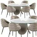 Modern Round Glass Top Dining Table Set With Light Gray Upholstered Chairs And Metal Legs