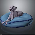 White Dog Lying On Blue Round Cushion With Decorative Trim