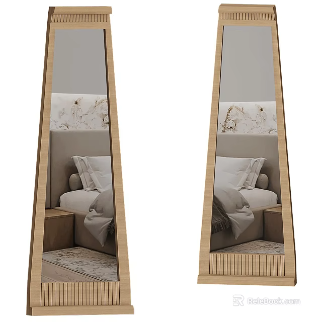 Wooden Framed Floor Mirror Reflecting Bedroom Scene with Bed Pillows and Marble Wall 3d model 