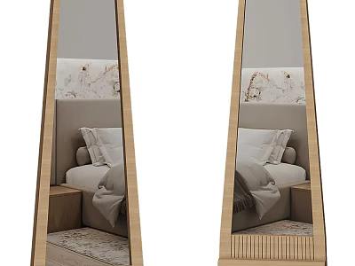 Wooden Framed Floor Mirror Reflecting Bedroom Scene with Bed Pillows and Marble Wall 3d model