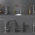 Various Stylish Faucets Displayed On Gray Shelves With Different Designs And Finishes