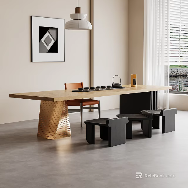 Modern Tea Table Chairs Wooden Top Gold Legs Black Stools Brown Chair Bright Room 3d model 