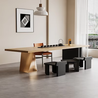 Modern Tea Table Chairs Wooden Top Gold Legs Black Stools Brown Chair Bright Room 3d model