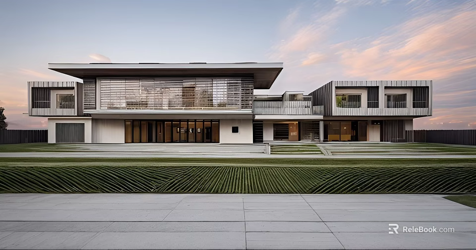 Luxury Modern Detached Villa Exterior With Large Glass Windows Minimalist Design And Green Lawn 3d model 