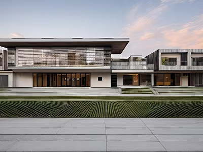 Luxury Modern Detached Villa Exterior With Large Glass Windows Minimalist Design And Green Lawn 3d model