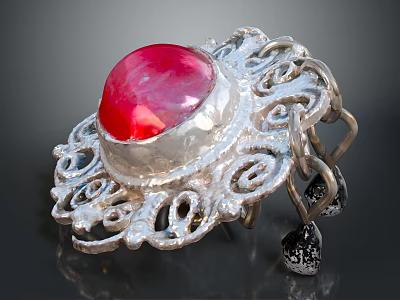 Elegant Silver Ring With Red Gemstone And Intricate Filigree Design 3d model