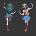 3D Anime Characters With Blue Hair Sailor Uniform And Blue Skirt From Two Angles