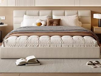 Modern Cream Style Double Bed Fabric Double Bed Side Table Lamp Pillow 3d model