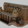 Ancient Medieval Watermill Structure With Stone Arches Towers Gear And Water Flow