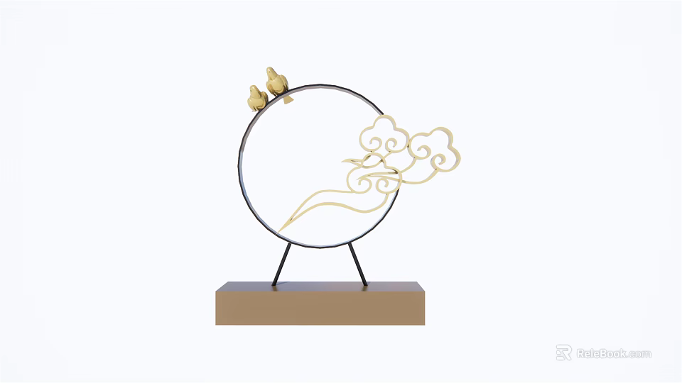 Decorative Ornament Set With Circular Frame Gold Cloud Pattern Bird Figurine And Wooden Base 3d model 