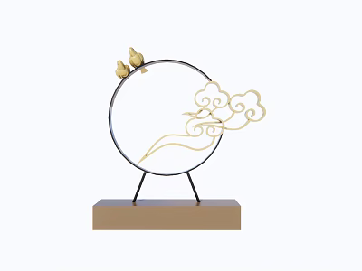 Decorative Ornament Set With Circular Frame Gold Cloud Pattern Bird Figurine And Wooden Base 3d model