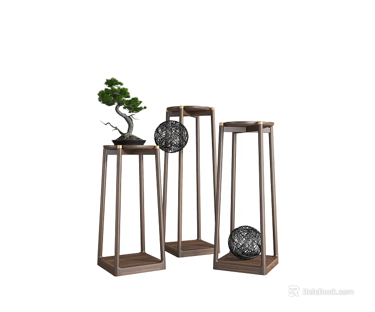 Wooden Plant Stands With Square Frame Varying Heights Small Potted Plant And Black Spherical Decor 3d model 
