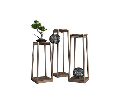 Wooden Plant Stands With Square Frame Varying Heights Small Potted Plant And Black Spherical Decor 3d model