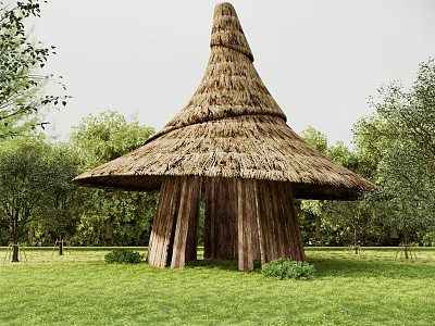 Rustic Thatched Roof Structure With Wooden Pillars On Green Lawn Surrounded By Trees 3d model