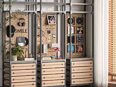 Modern Minimalist Storage Shelf with Metal Frame Wooden Drawers Displaying Vinyl Records Photos Headphones 3d model