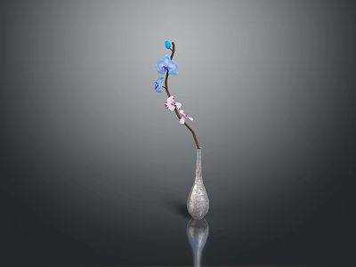 Carved Silver Vase Sculpture with Blue Pink Flowers Branch on Black Surface 3d model