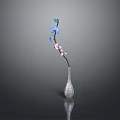 Carved Silver Vase Sculpture with Blue Pink Flowers Branch on Black Surface