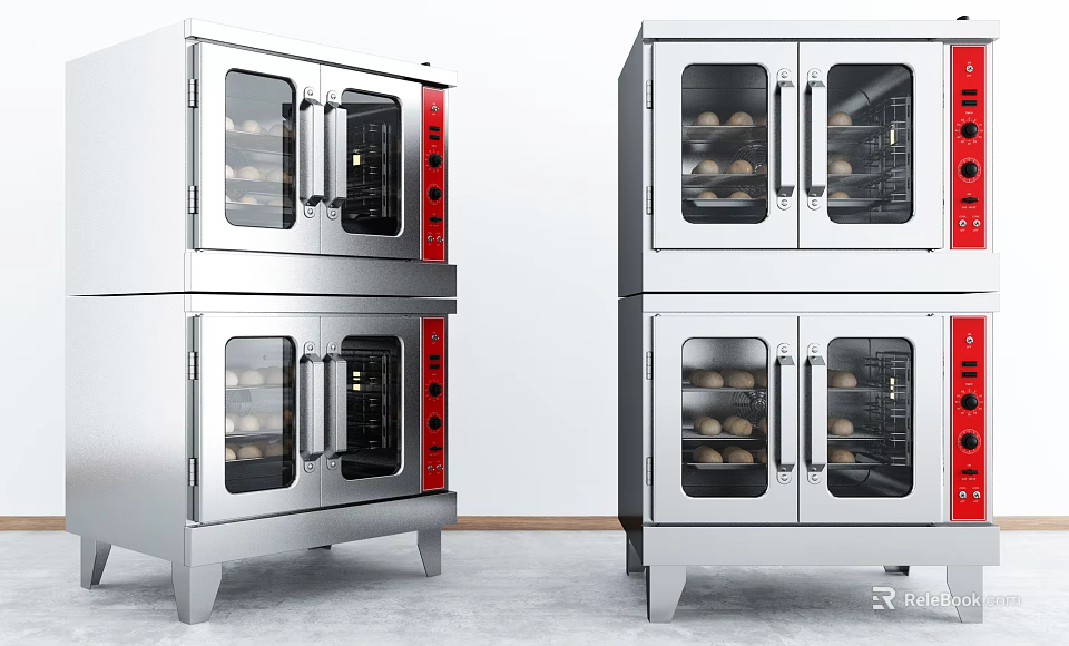 Commercial Stainless Steel Kitchen Appliances with Multiple Layers Glass Doors and Red Control Panels 3d model 