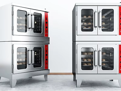 Commercial Stainless Steel Kitchen Appliances with Multiple Layers Glass Doors and Red Control Panels 3d model
