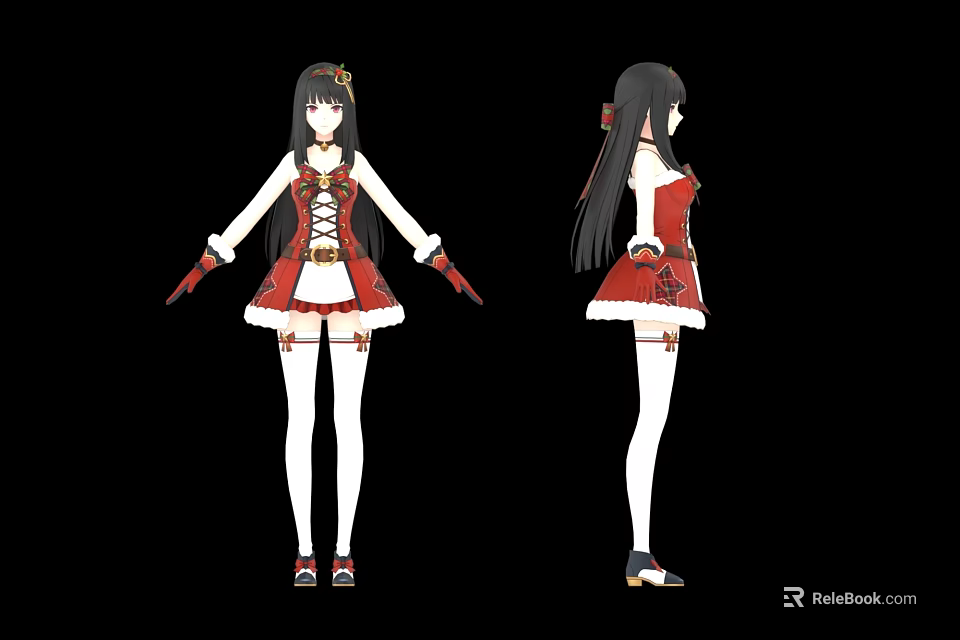 Woman in red and white outfit with long black hair hair accessory and white stockings 3d model 