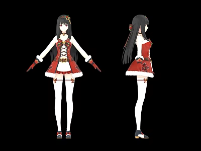 Woman in red and white outfit with long black hair hair accessory and white stockings 3d model