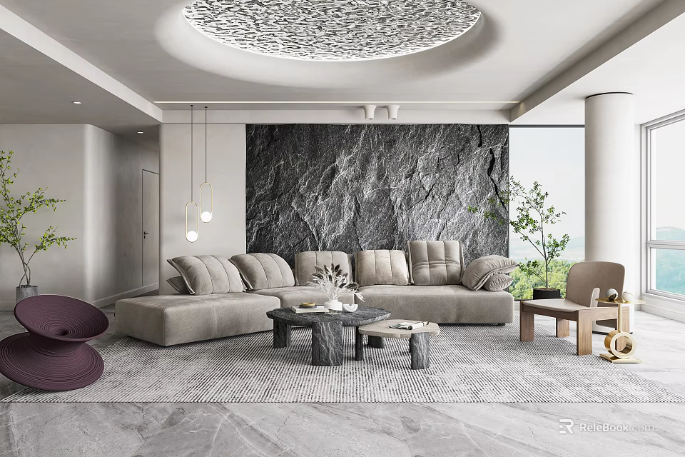 Modern Living Room Interior With Stone Pattern Wall Beige Sofa Coffee Table And Hanging Lights 3d model