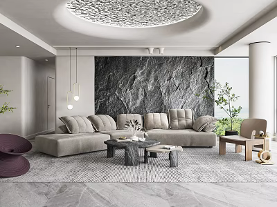 Modern Living Room Interior With Stone Pattern Wall Beige Sofa Coffee Table And Hanging Lights 3d model