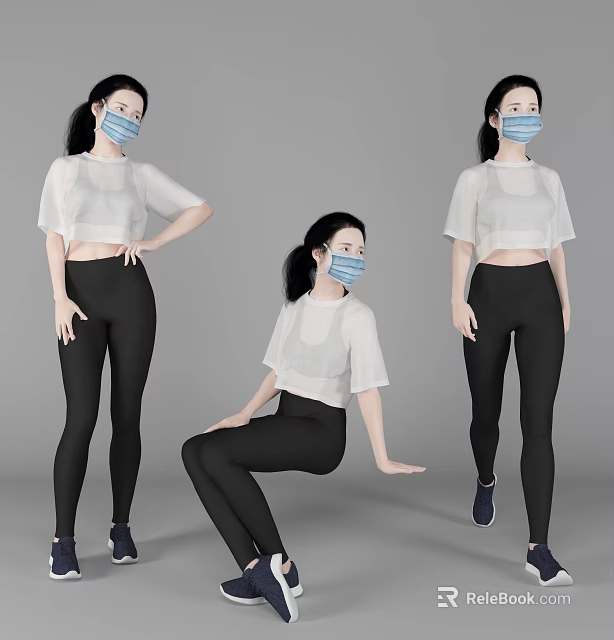 Woman In White Sheer Top And Black Leggings With Face Mask In Various Poses 3d model 