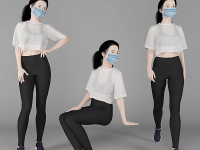 Woman In White Sheer Top And Black Leggings With Face Mask In Various Poses 3d model