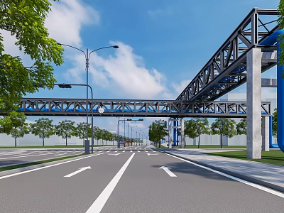 Overhead Pipeline Structure Along Urban Road With Street Lamps And Green Trees 3d model