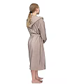 A Woman Wearing Light Brown Hooded Robe With Belt Standing Barefoot