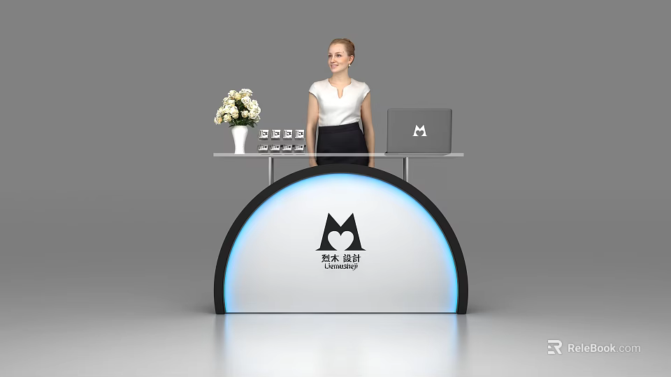 Modern Reception Desk With Curved Design Blue Lighting Logo Flower Vase And Receptionist 3d model 
