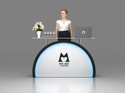 Modern Reception Desk With Curved Design Blue Lighting Logo Flower Vase And Receptionist 3d model