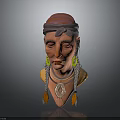 Traditional Woman Head Sculpture With Turban Large Green Earrings And Feather Necklace