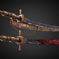 Ancient Warrior Battling Mythical Creature With Ornate Hilt Bloodstained Dual Blades